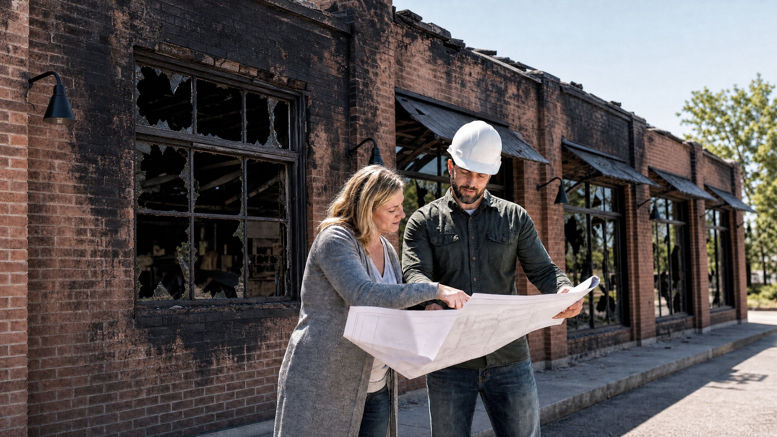A reconstruction professional and property owner reviewing plans outside a fire-damaged commercial building.