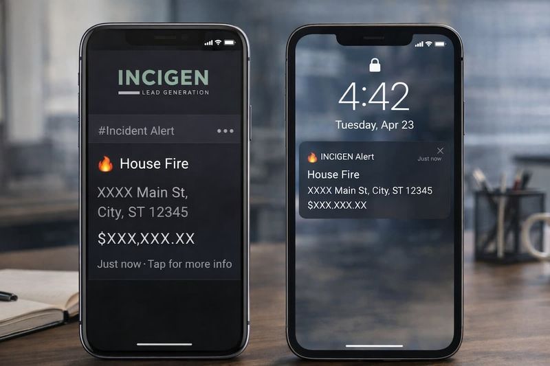 Incigen mobile app preview showing a fire incident alert and a phone notification.
