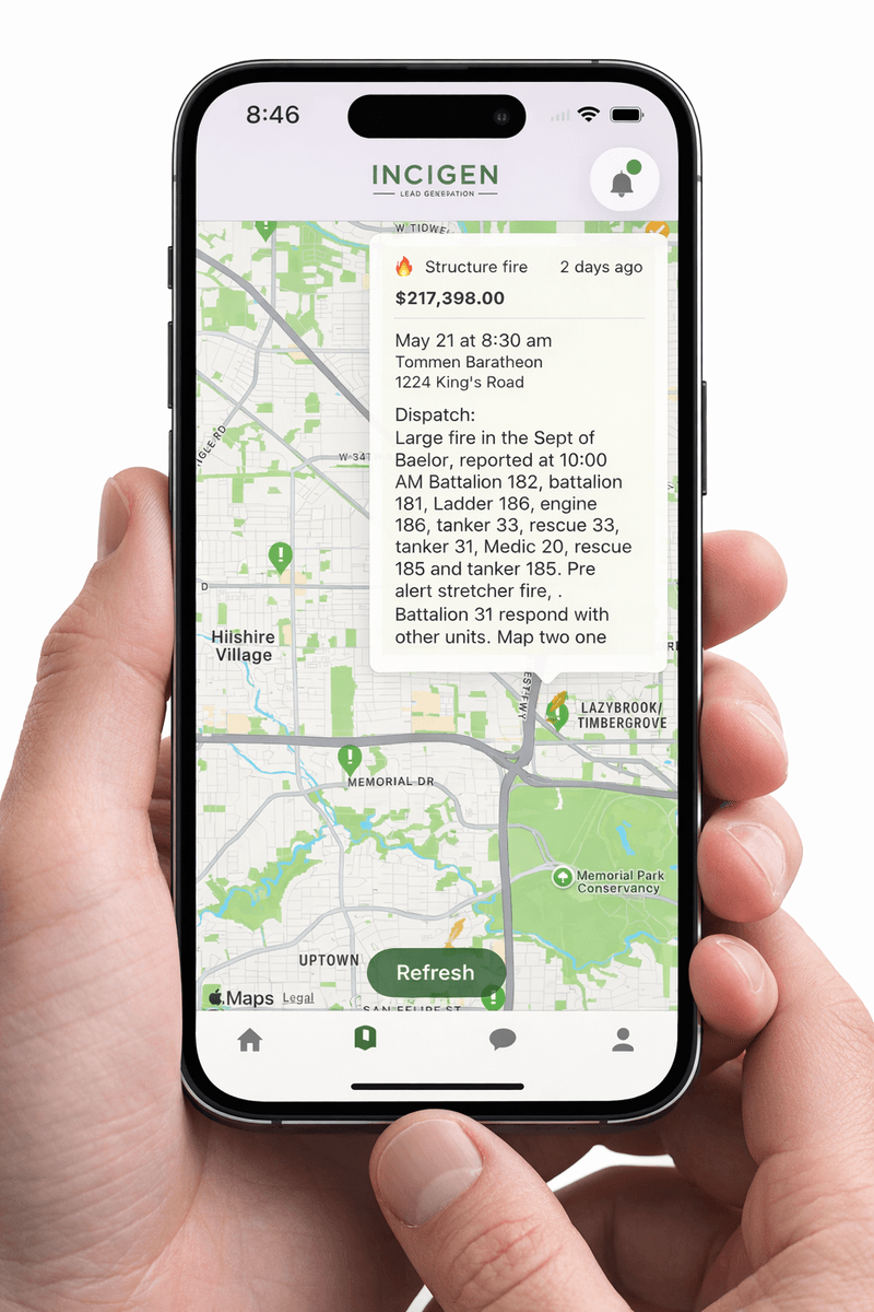 Incigen mobile app preview showing an incident detail card over a map of nearby leads.