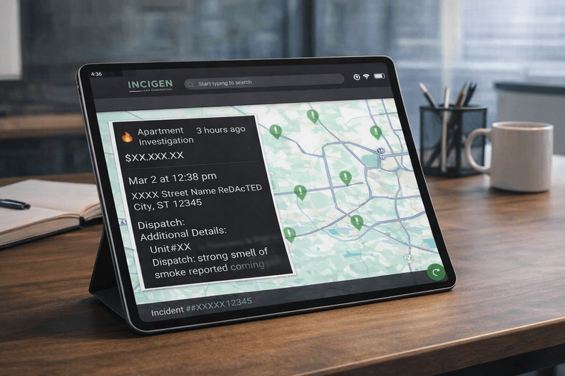 Incigen tablet app preview showing incident locations and lead details on a map.