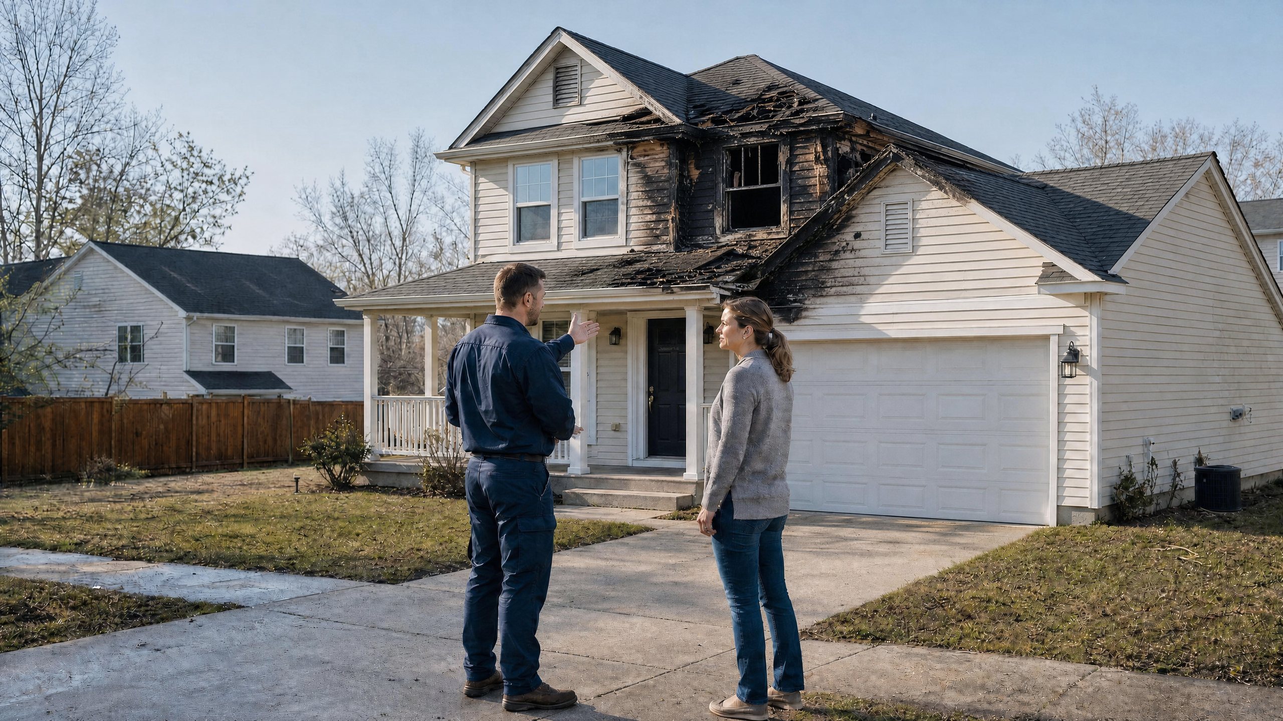 A restoration professional discussing fire damage with a homeowner outside a house.